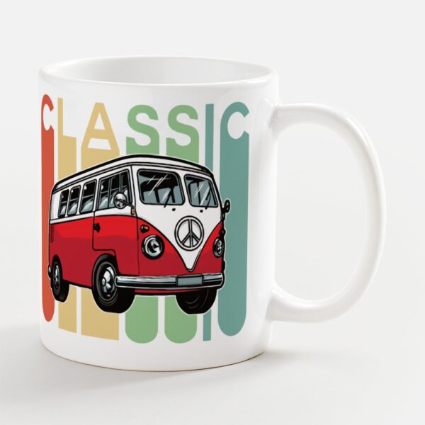A red van is shown on the side of a coffee mug.