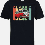 A black t-shirt with an old van on it