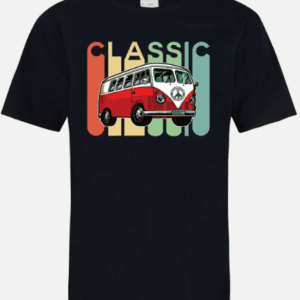 A black t-shirt with an old van on it