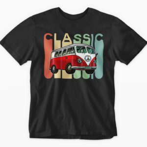 Vintage van graphic on a black t-shirt.