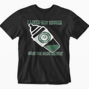 Humorous black t-shirt with drink-themed slogan.