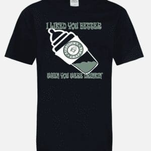 A black t-shirt with an image of a baby bottle.
