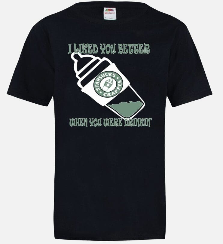 A black t-shirt with an image of a baby bottle.