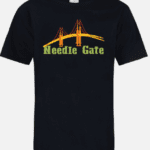 A black t-shirt with the needle gate logo on it.