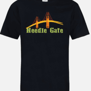 A black t-shirt with the needle gate logo on it.