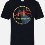 A black t-shirt with the city of the sky logo.
