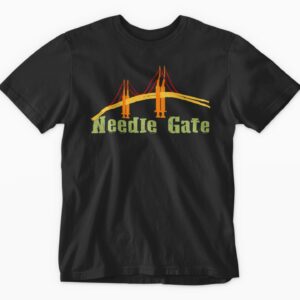 Black t-shirt featuring Needle Gate graphic design.