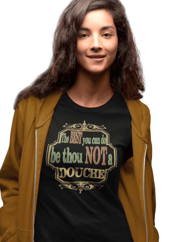 A woman wearing a jacket and shirt with a quote.