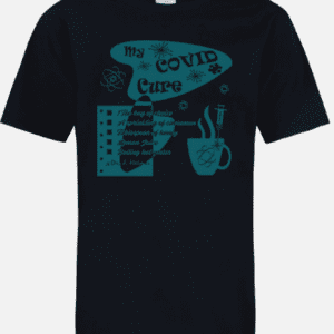 A black t-shirt with an image of a coffee shop.
