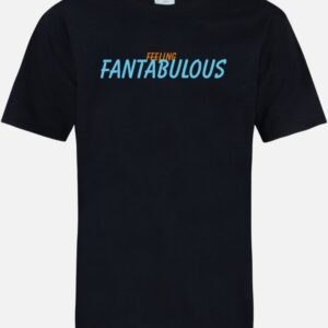 A black t-shirt with the word fantabulous written in blue.