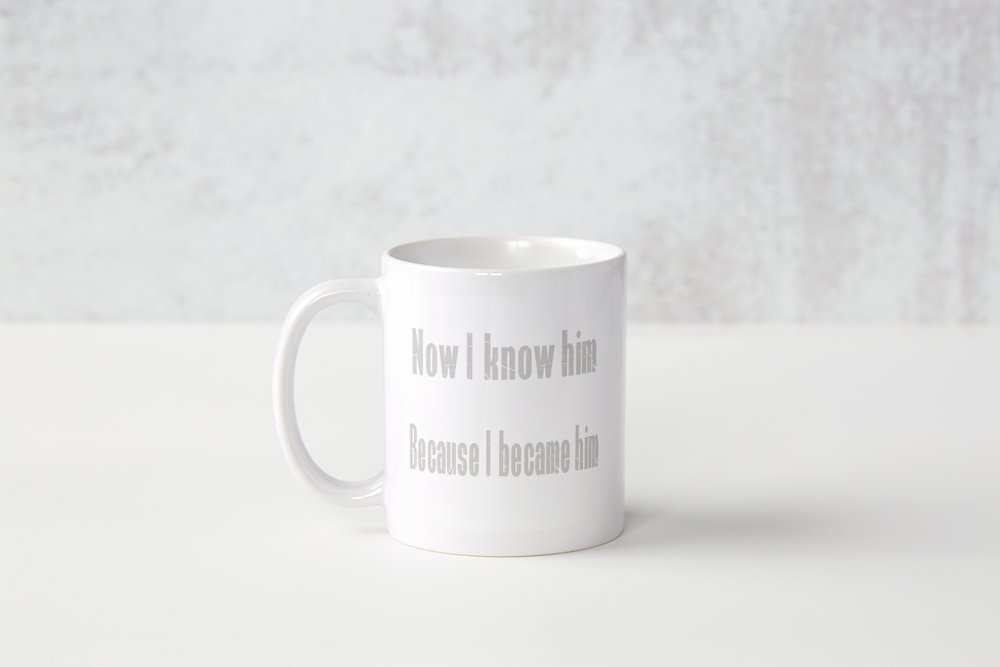 A white coffee mug with the words " how i know him because he never let me."
