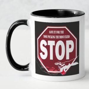 A black and white mug with a stop sign.