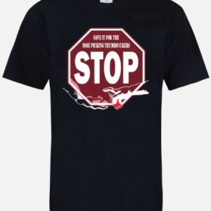 A black t-shirt with a red stop sign on it.