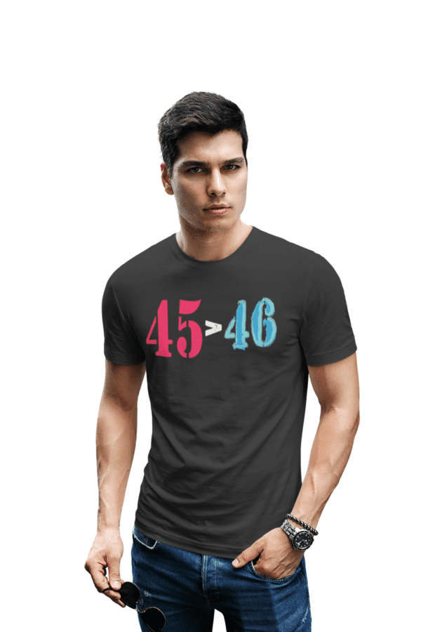 A man wearing a black shirt with the numbers 4 5-4 6 on it.