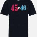 A black t-shirt with the numbers 4 5 to 4 6 written in red and blue.