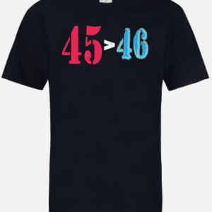 A black t-shirt with the numbers 4 5 to 4 6 written in red and blue.