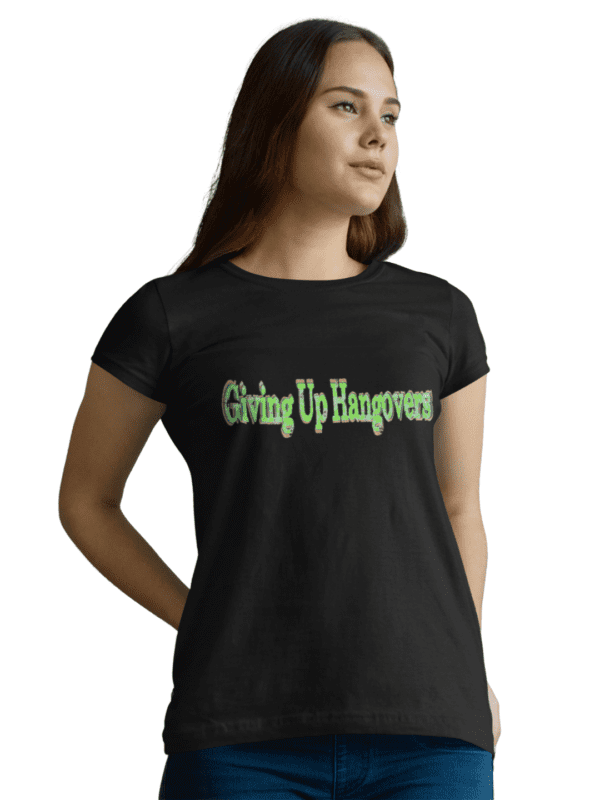 A girl is wearing a black shirt with the words " giving up awareness ".