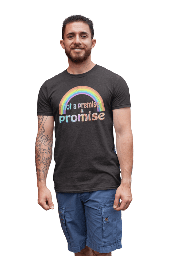 A man wearing a black t-shirt with the word promise on it.