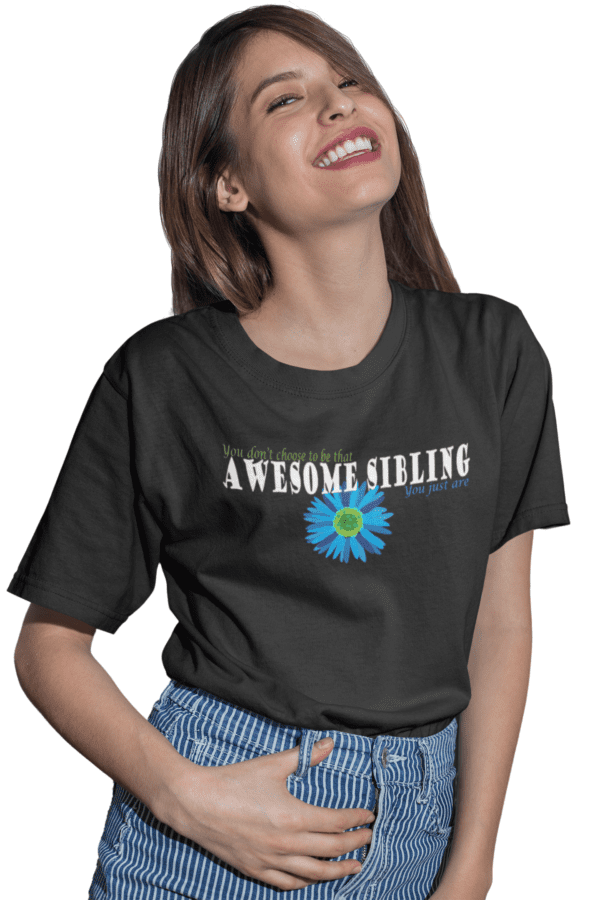 A woman wearing a black t-shirt with the words awesome sibling on it.