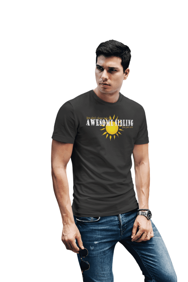 A man wearing jeans and a t-shirt with the words " awward, sunshine ", on it.
