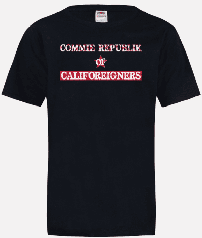A black t-shirt with the words commie republici of californiers on it.
