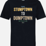 A black t-shirt with the words from stumptown to dumptown in yellow and green.