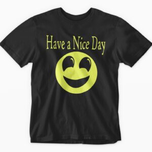 Black t-shirt with cheerful smiley face design.