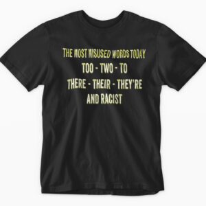Black t-shirt with humorous grammar message.