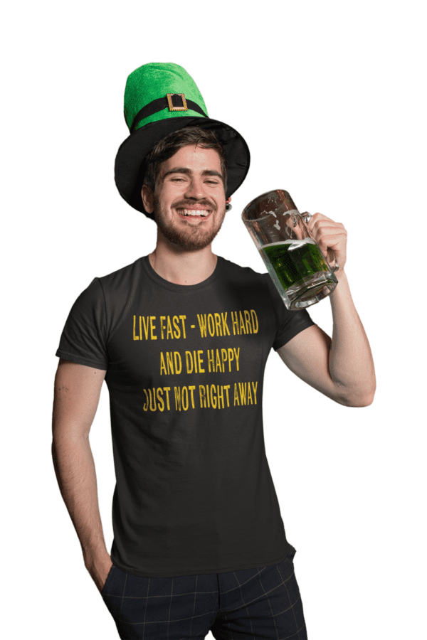 A man wearing a green hat and holding a mug.