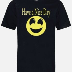 A black t-shirt with a yellow smiley face and have a nice day