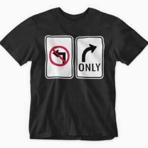 Black t-shirt with directional road sign graphics.