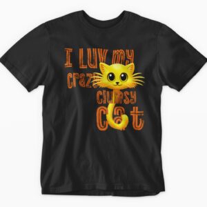 Black t-shirt with playful cat graphic design.