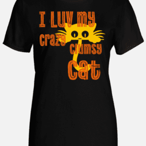 A black t-shirt with an orange cat on it.