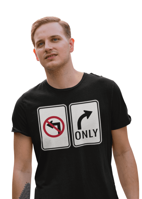 A man wearing a black shirt with no left turn sign.