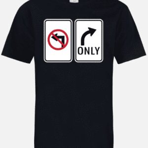 A black shirt with two signs on it