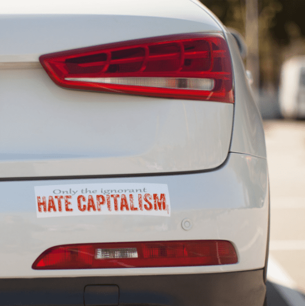 A car with the words " hate capitalism " on it.