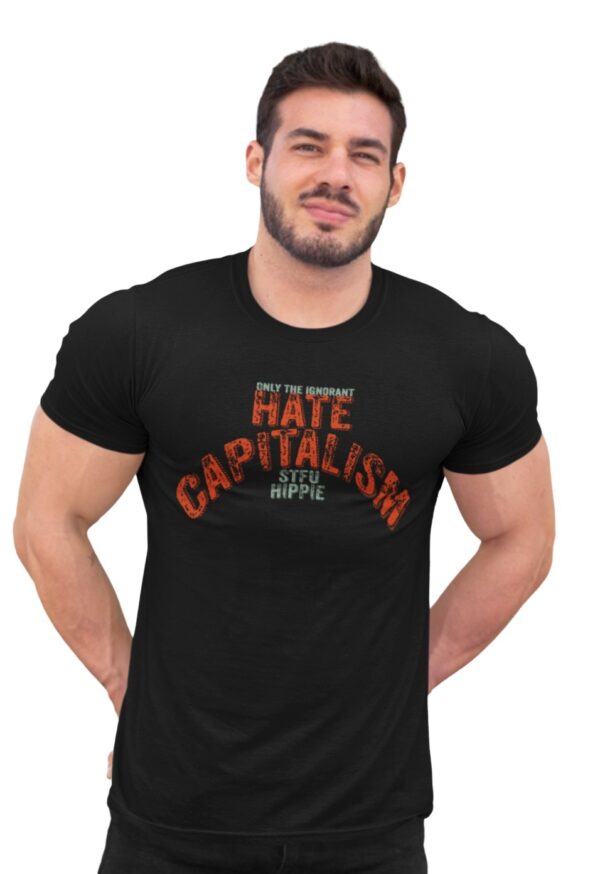 A man wearing a black shirt with the words " hate capitalism."