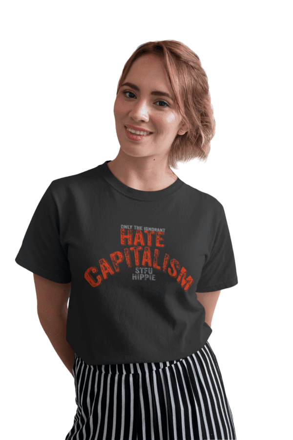 A woman wearing a black shirt with the words " hate capitalism."