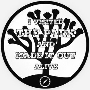 Tree silhouette with humorous park survival message.