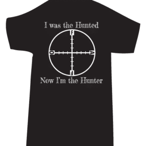 Black shirt with hunter-themed graphic design.