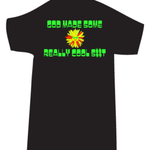 Black t-shirt with colorful graphic text.