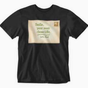 Black t-shirt with humorous life message design.