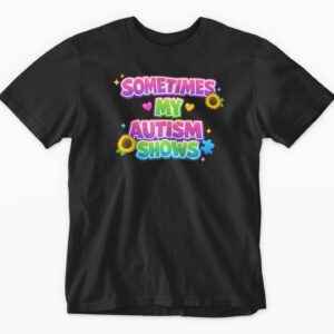 Black t-shirt with colorful text design