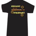 Black T-shirt with colorful text and sunflowers.